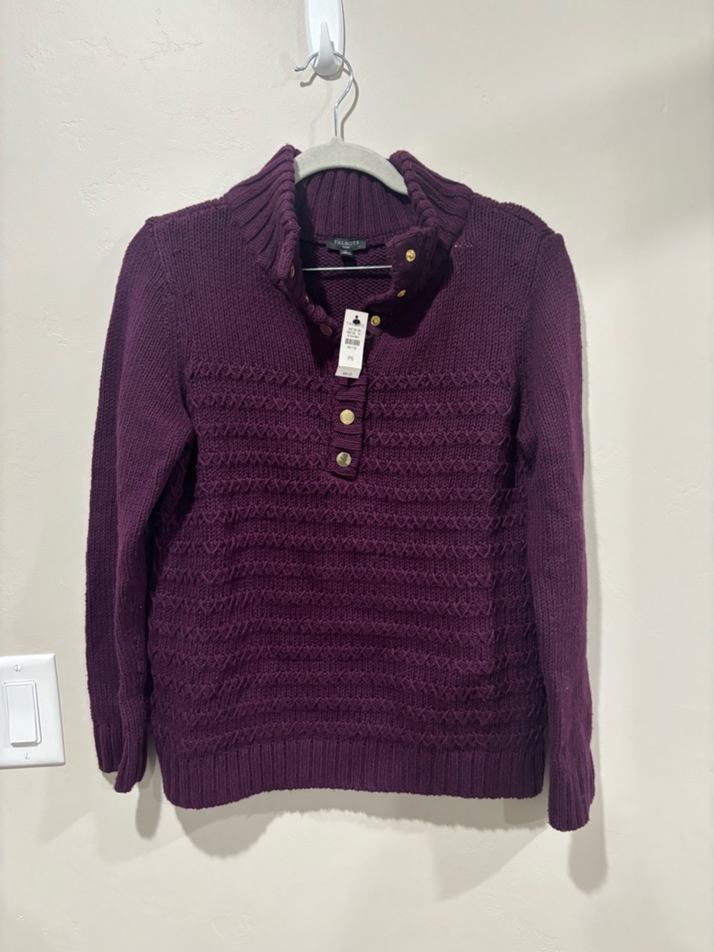 Talbots Purple Cable-Knit Half-Placket Turtleneck Sweater Marino Wool